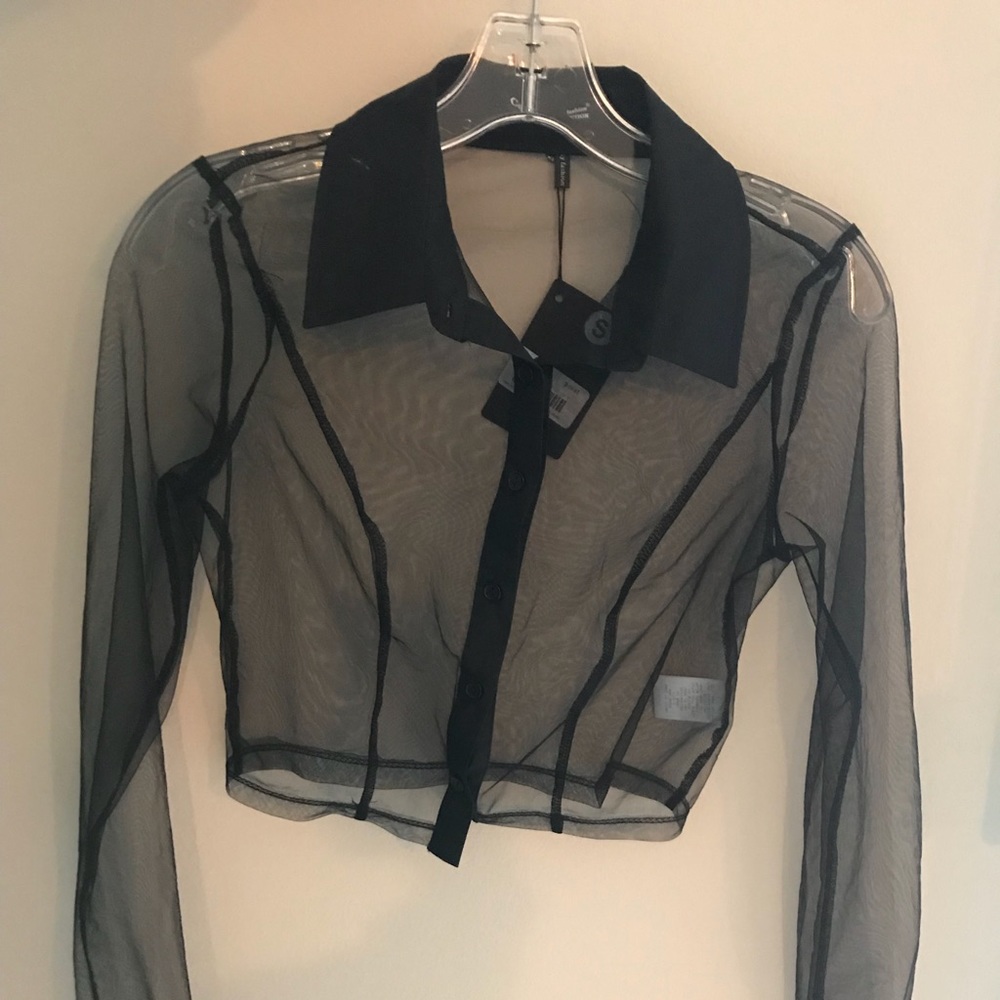 See through long sleeve black button up w/collar